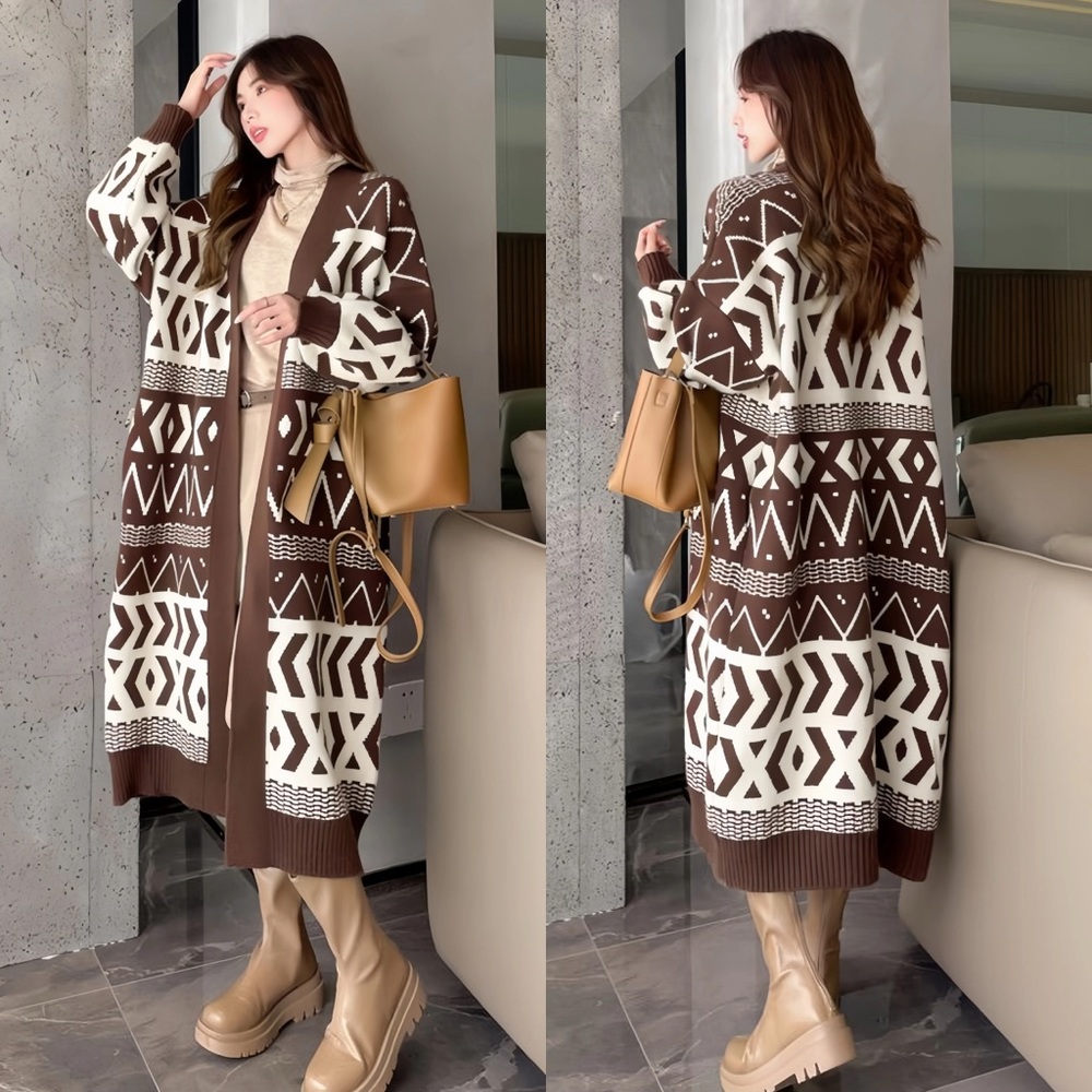 Boho Brown and White Geometric Pattern Women Sweater